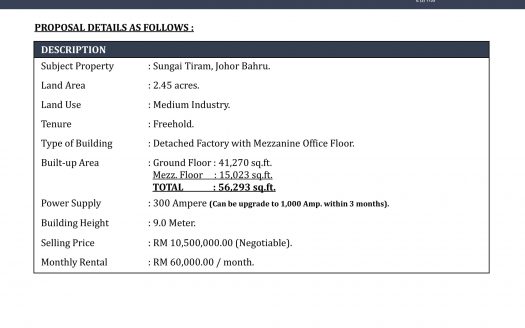 Detached Factory at Sungai Tiram for Sales